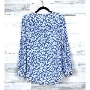 Talbots Women L Blue White floral washable 100% Silk button up Blouse Top NEW
